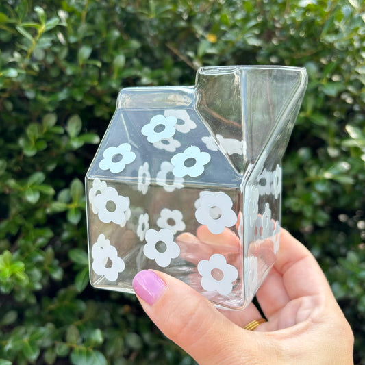 Blue Floral Mini Milk Carton Glass