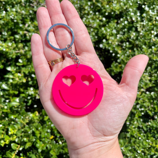 Hot Pink Smiley Heart Retro Keychain