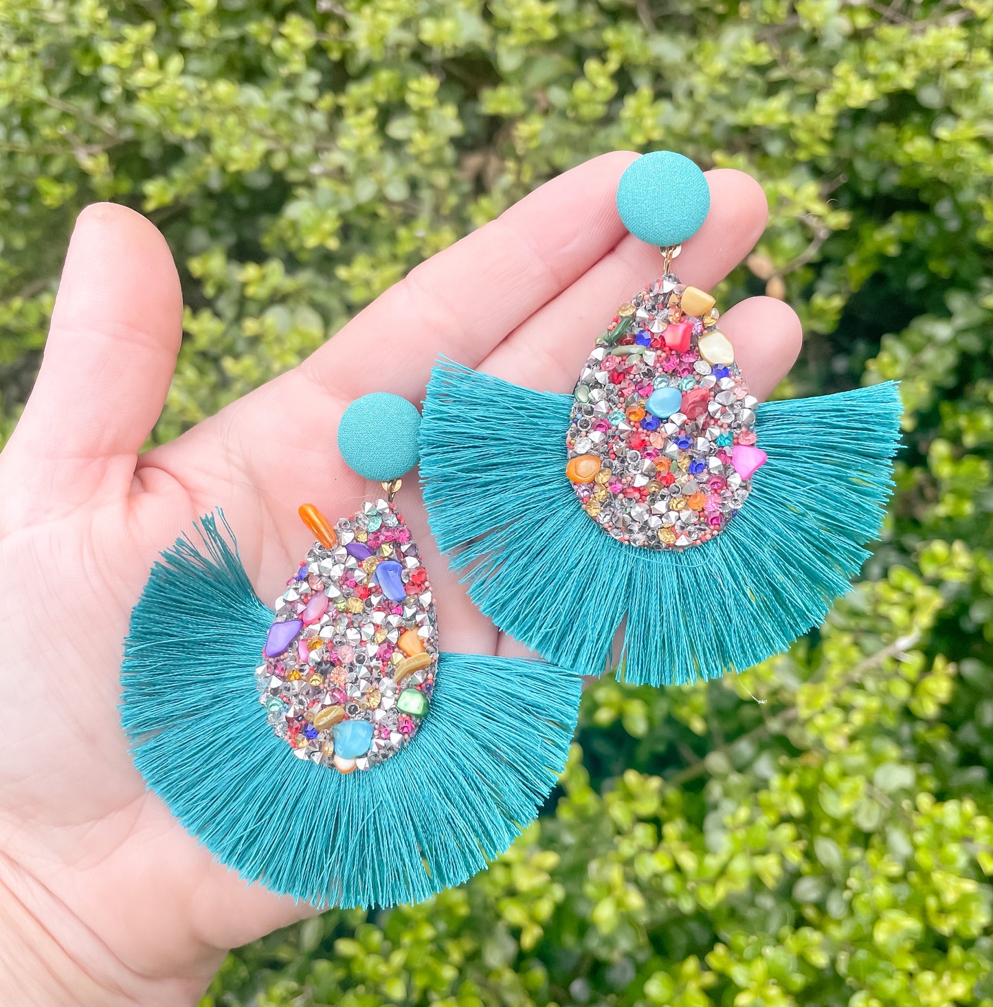 Teal Tassel Statement Earrings